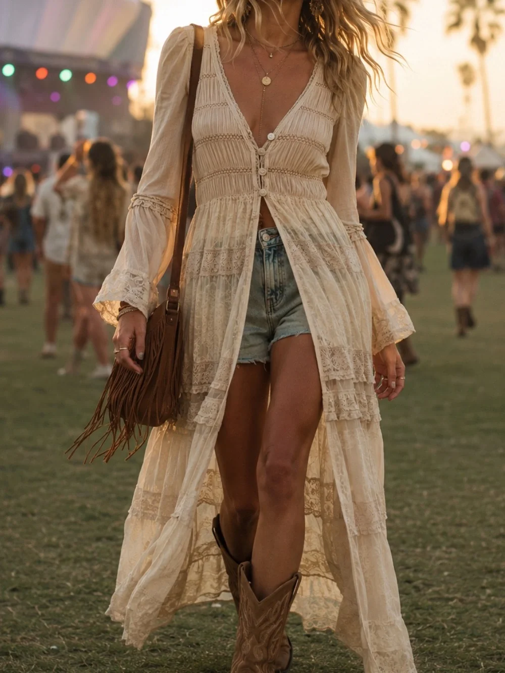 Free People Sheer Lace Tiered Maxi bodysuit duster in Beige. New no tags